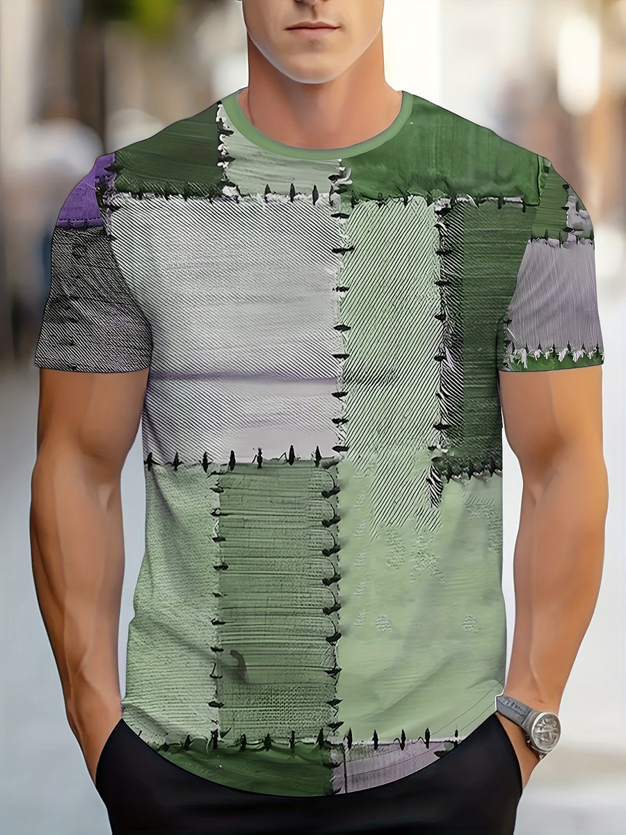 Men's Summer 3D Digital Print Street Style T-Shirt - Regular Fit Crew Neck Patchwork Design, Breathable Fabric Suitable for Casual and Sportswear, Machine Washable, Fashionable Pattern Top, Textured Shirt - Mixed Color 3
