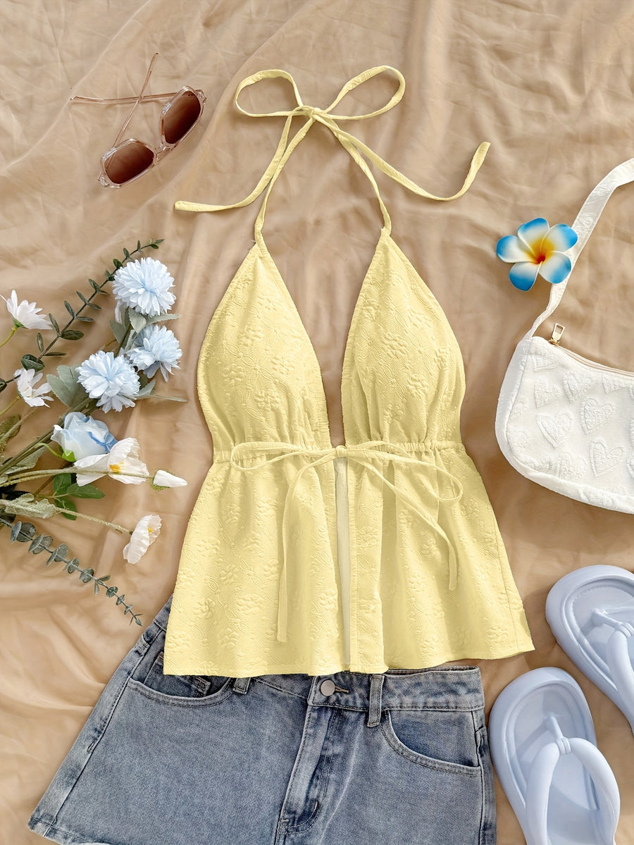 Solid Floral Texture Cute Top - 【Light Yellow】