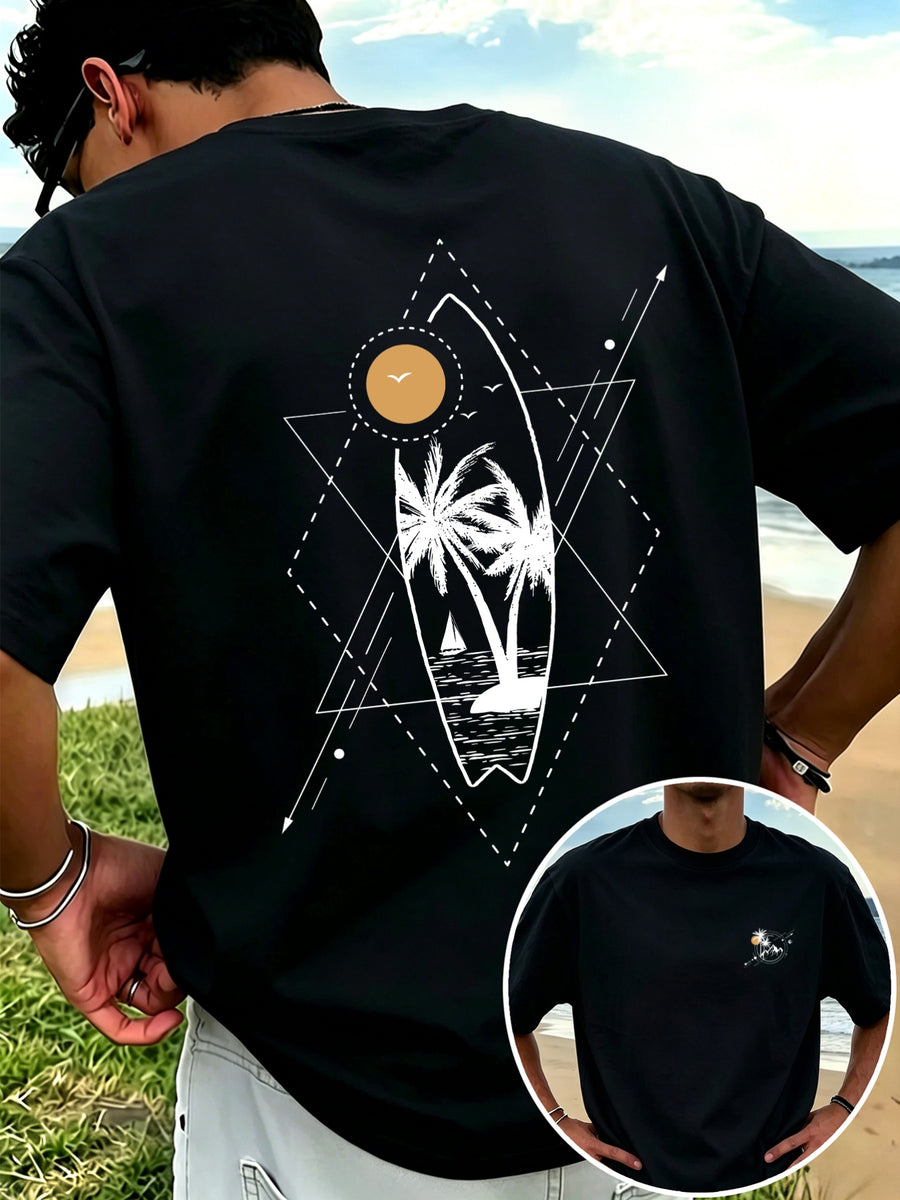 New Men's 100% Pure Cotton T-Shirt with Surfboard, Coconut Tree, and Sun Print, Comfortable and Breathable for Summer Casual Beach Vacations - Black