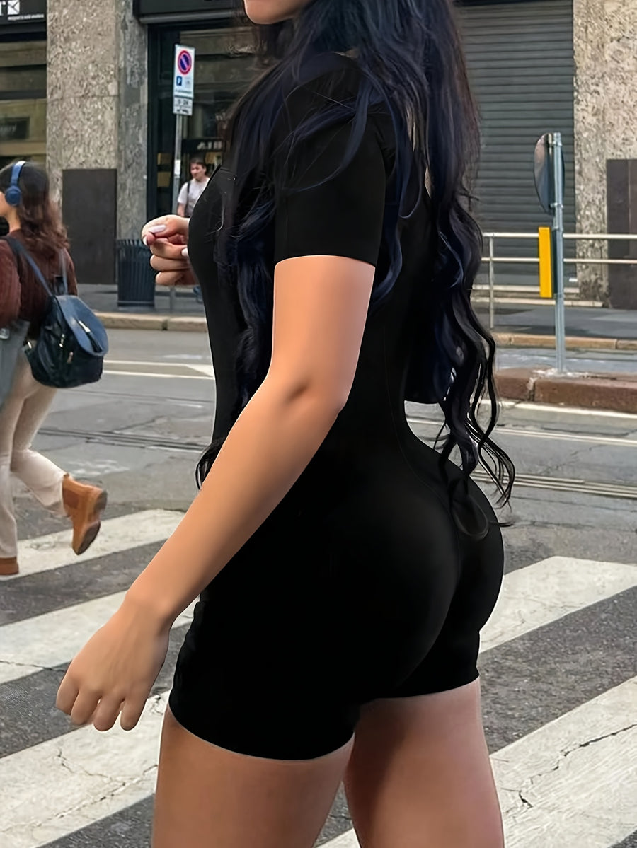 Women'S Spring/Summer Solid Color Sexy Slim Fit Shaping Outdoor Commuting Round Neck Short Sleeve Jumpsuit - Black