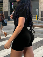 Women'S Spring/Summer Solid Color Sexy Slim Fit Shaping Outdoor Commuting Round Neck Short Sleeve Jumpsuit - Black