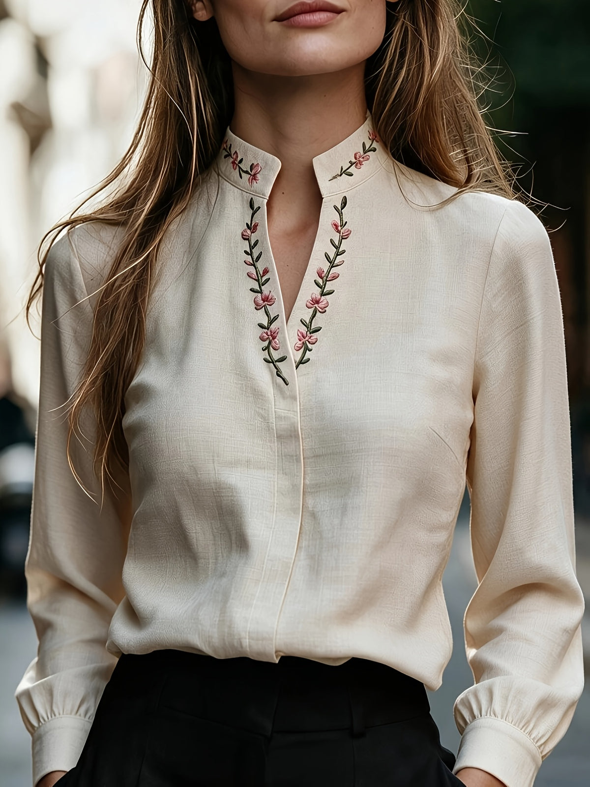 Women'S Floral Embroidery Stand-Up Collar Long Sleeve Shirt, Embroidered Top, Elegant Spring/Autumn Outfit, Office And Commute Wear, Beautiful Blouse, Casual Elegant, Shirt Promotion - Apricot
