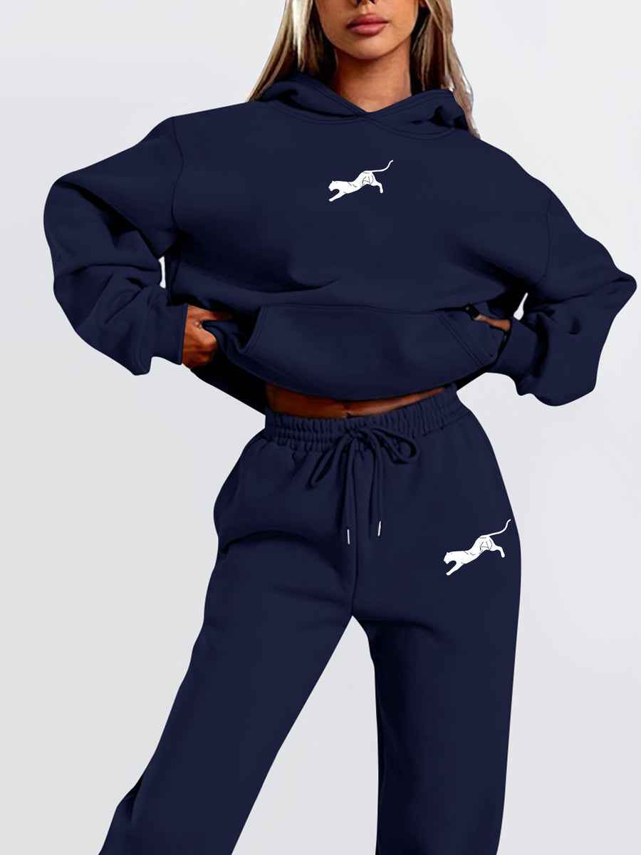Women's Winter Casual -Lined Thickened Hooded Sweatshirt and Sweatpants Two-Piece Set - Navy Color