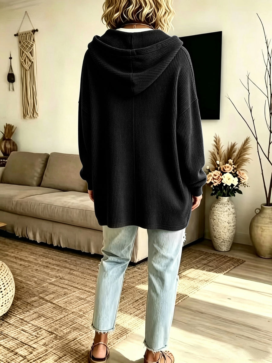 Plus Size - Western New Autumn Winter Solid Color Lapel Long Sleeve Pocket Drawstring Hooded Sweatshirt - Black