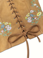Women's Bohemian Brown & Floral/Leaf//Star/Bird/Bee/Bubblegum/Heart/Starfish/Lace-like Threading Embellished Square Neck Lace-like Top - Short Sleeve Lacing-Front Closure Boho-Chic Blouse for Music Festivals & Parties ( - Rust