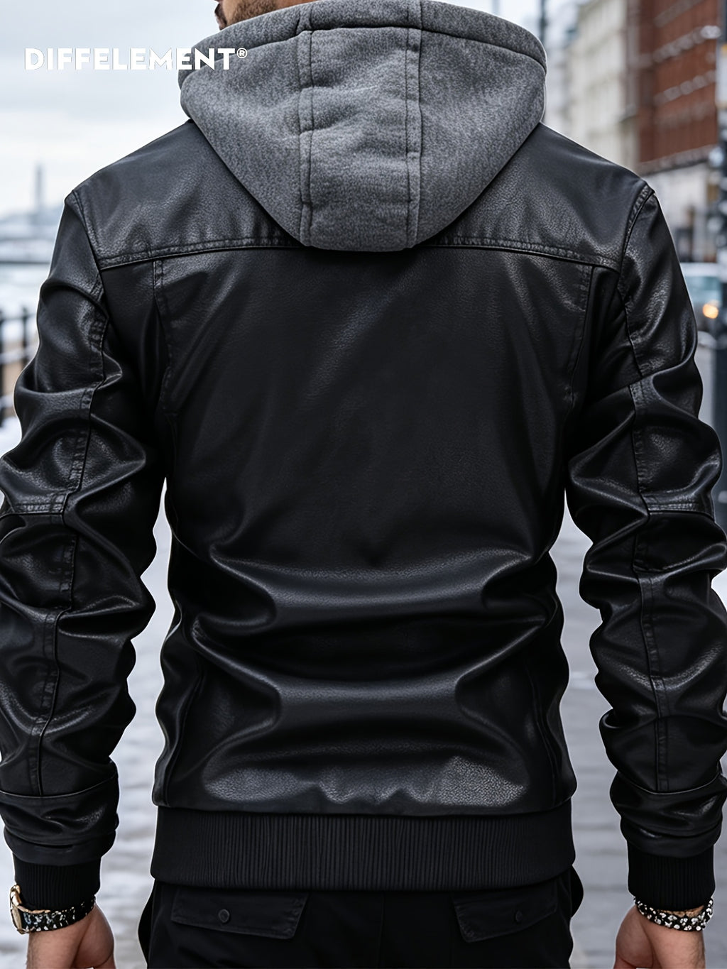 DIFFELEMENT Men's Detachable Hooded Motorcycle Jacket, Windproof and Warm for Winter, Soft and Smooth Fabric, Double-Layer Zipper Design, Multiple Zippered Pockets, Cuffed Sleeves, Regular Fit Motorcycle Outerwear. Suitable for Motorcycle Riding - Black