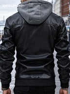 DIFFELEMENT Men's Detachable Hooded Motorcycle Jacket, Windproof and Warm for Winter, Soft and Smooth Fabric, Double-Layer Zipper Design, Multiple Zippered Pockets, Cuffed Sleeves, Regular Fit Motorcycle Outerwear. Suitable for Motorcycle Riding - Black