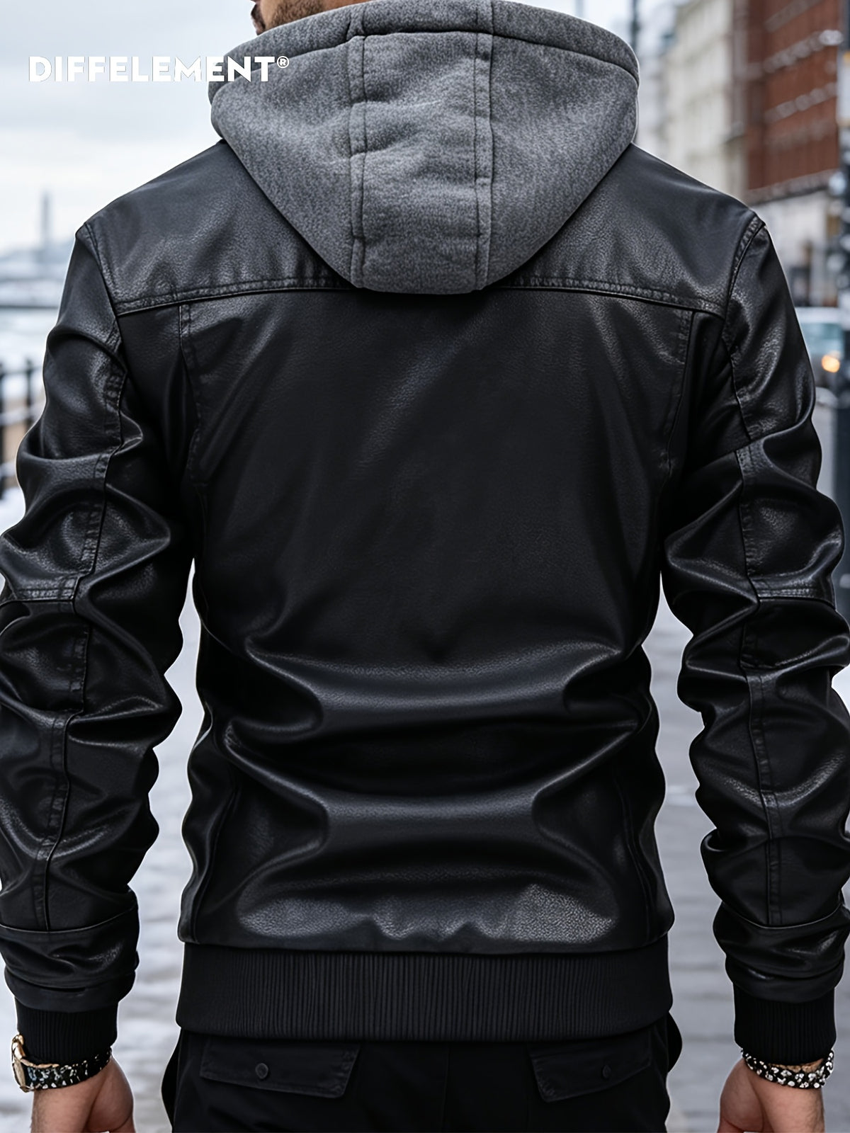 DIFFELEMENT Men's Detachable Hooded Motorcycle Jacket, Windproof and Warm for Winter, Soft and Smooth Fabric, Double-Layer Zipper Design, Multiple Zippered Pockets, Cuffed Sleeves, Regular Fit Motorcycle Outerwear. Suitable for Motorcycle Riding - Black