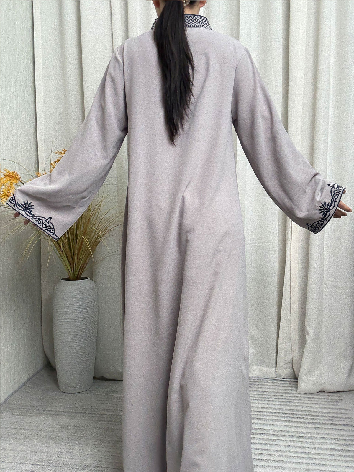 An Elegant Arabic Robe in a Single Piece, Adorned with Ethnic Style Patterns - a Long-Sleeved Dress Suitable for Muslim Women, Perfect for All Seasons, Seasonal Dress | Elegant Robe | Exquisite Patterns, Robe Dress - Slate Grey