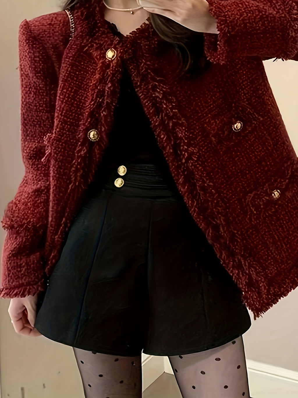European And American Christmas Carnival Autumn And Winter Wine Red Festive Party Short Slim-Fit Coat Warm Temperament Petite Fashionable Commuter Round Neck Single-Breasted Cardigan Long Sleeves - Burgundy