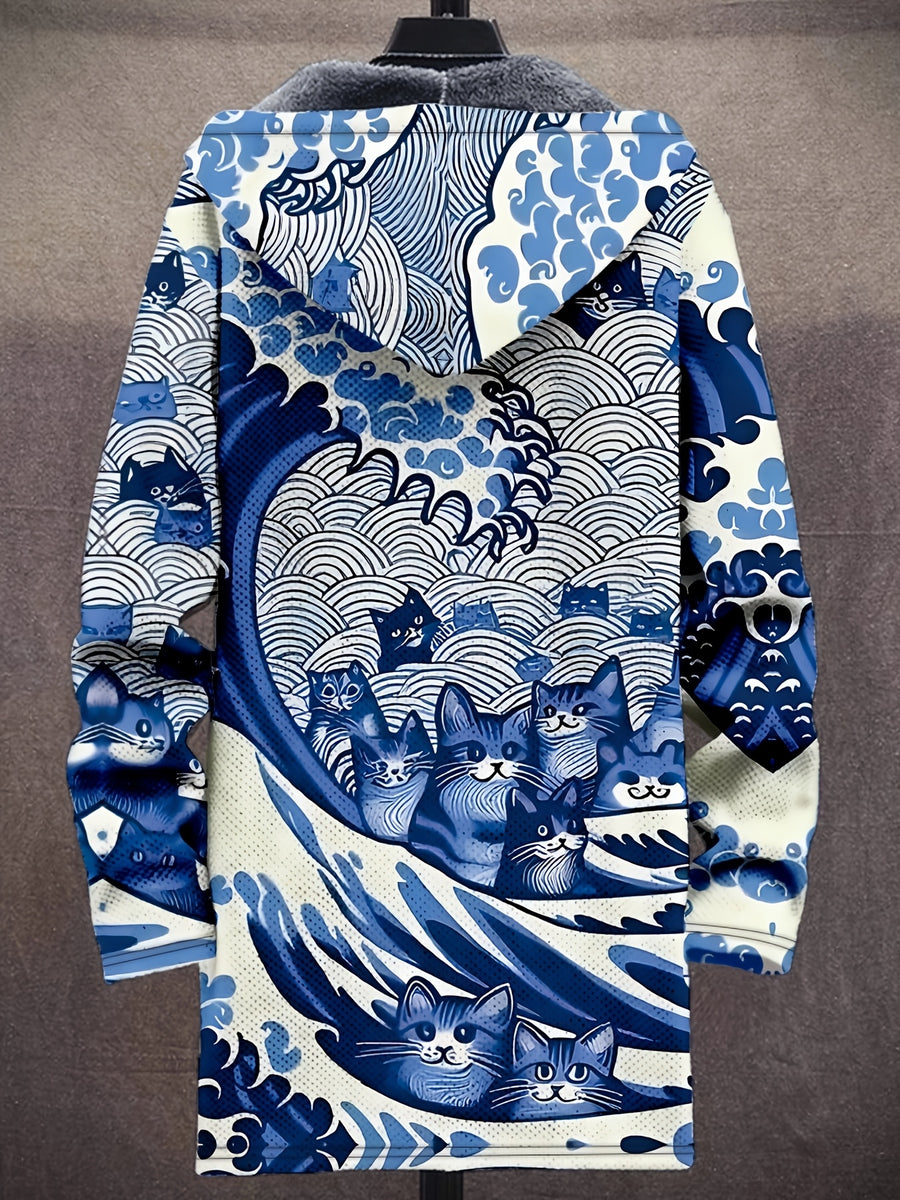 Vintage Japanese Art Wave Pattern Printed Fashion Men's Plush Thick Long-Sleeved Cardigan Coat Winter Warm Zipper Hooded Coat - Royal Blue