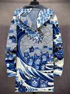 Vintage Japanese Art Wave Pattern Printed Fashion Men's Plush Thick Long-Sleeved Cardigan Coat Winter Warm Zipper Hooded Coat - Royal Blue