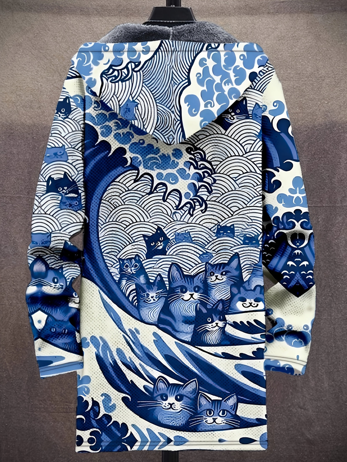 Vintage Japanese Art Wave Pattern Printed Fashion Men's Plush Thick Long-Sleeved Cardigan Coat Winter Warm Zipper Hooded Coat - Royal Blue