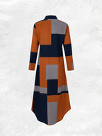 Geometric Color Block Printed Long Sleeve Casual Dress - Coral