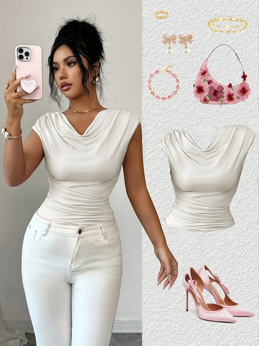 Spring/Summer Fashionable and Elegant Ruffle Pleat Collar Daily Casual T-Shirt - White