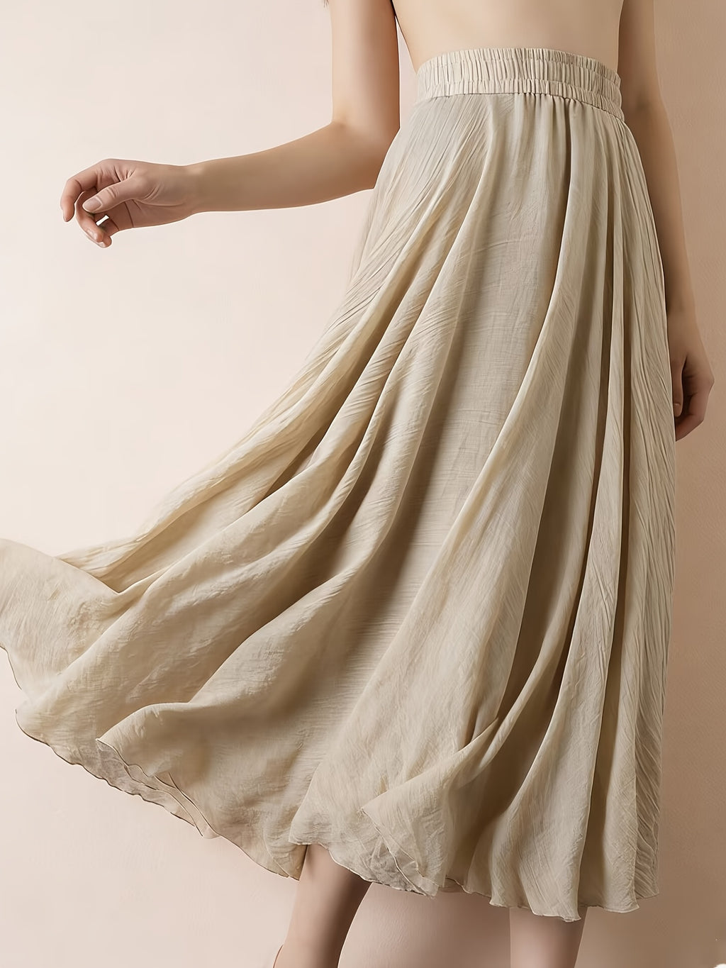 Solid Color Ethnic Style Literary Double-Layer Non-See-Through Midi Skirt for Women, Spring Summer Autumn Zen Style Long Dress with Wide Hem, High Waist Flowy - Apricot