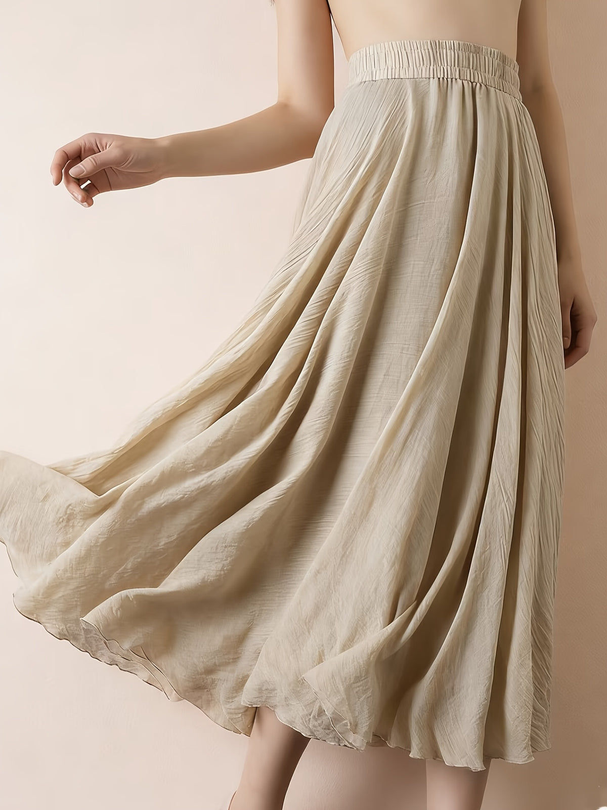 Solid Color Ethnic Style Literary Double-Layer Non-See-Through Midi Skirt for Women, Spring Summer Autumn Zen Style Long Dress with Wide Hem, High Waist Flowy - Apricot