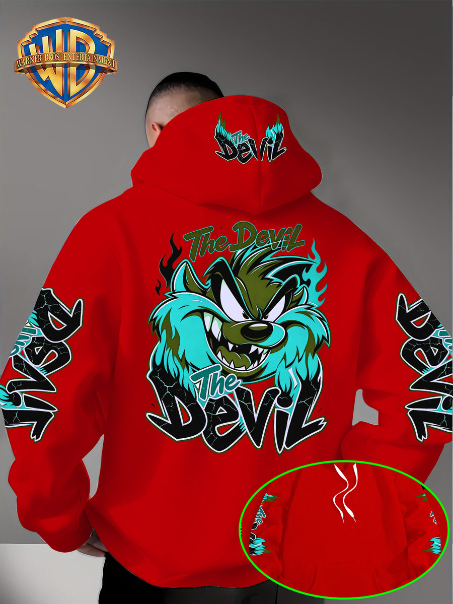 Le Yitong Big Mouth Monster The Devil Flame Print Hoodie, with Sleeve Print Design, Kangaroo Pouch And Drawstring Hood, Suitable for Autumn/Winter Casual Wear And Outdoor Activities - Red