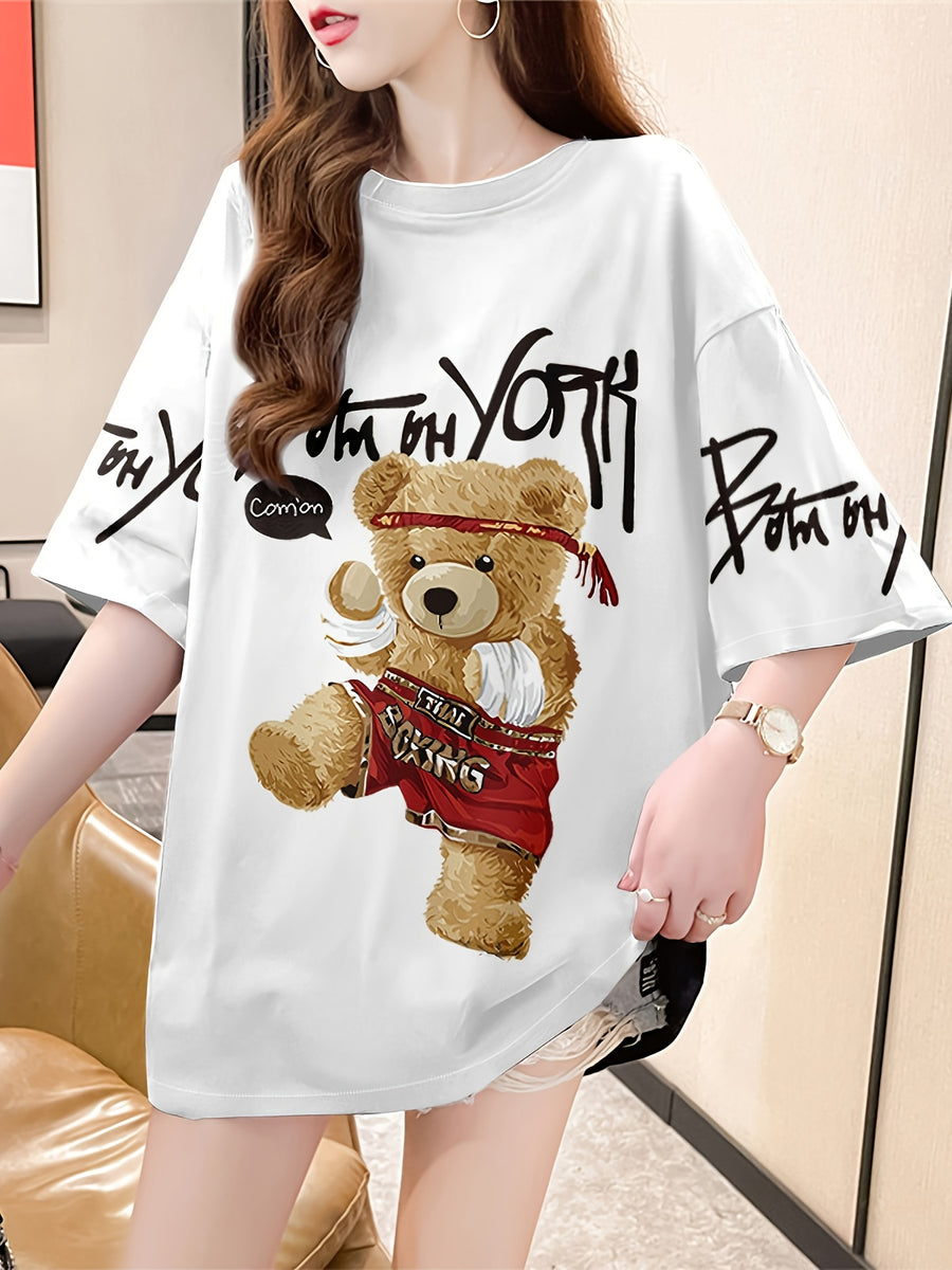 Summer New Large Size Loose Fashion Trend Slim Cartoon Round Neck Print Ladies Women'S Medium And Long Short-Sleeved T-Shirt Clothes - White