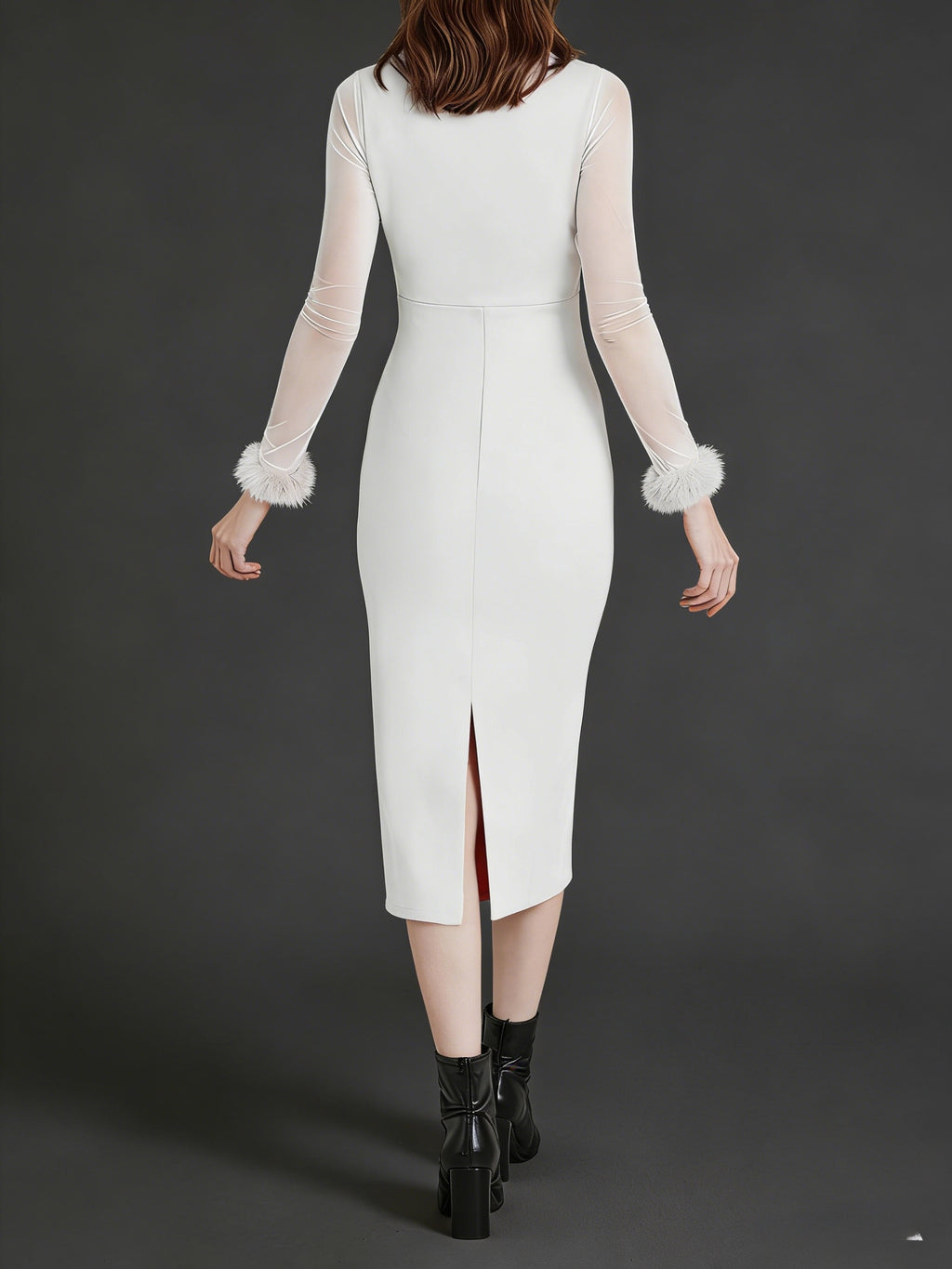 European And American Style Party Dress with Long Sleeves, Deep V-Neck, Mesh Sleeves, Fitted Silhouette, And a Slit, Perfect for Party Occasions - Ivory White