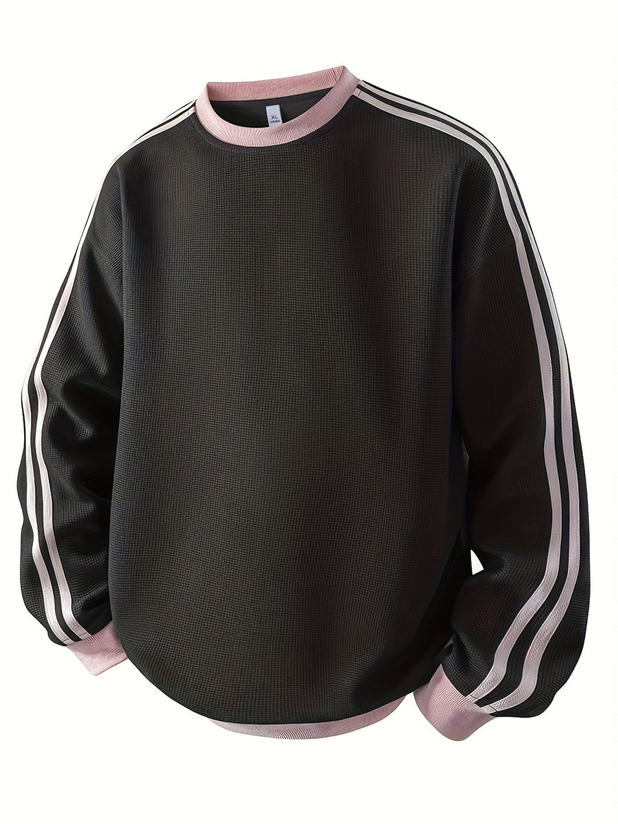 American Vintage Striped Crewneck Sweatshirt for Men, Long Sleeve Base Layer Top for Spring and Autumn - Black