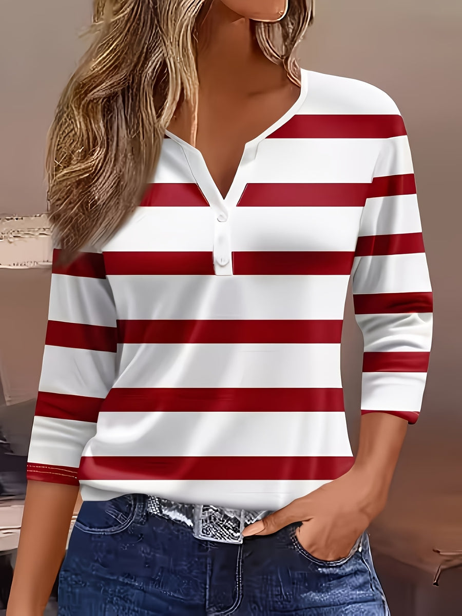 Women's Fashion New Spring/Summer Striped Print V-Neck Button-Up Three-Quarter Sleeve Loose Fit Casual Top Base Tee, Comfortable and Stylish - Suitable for Daily Wear and Home - Red And White