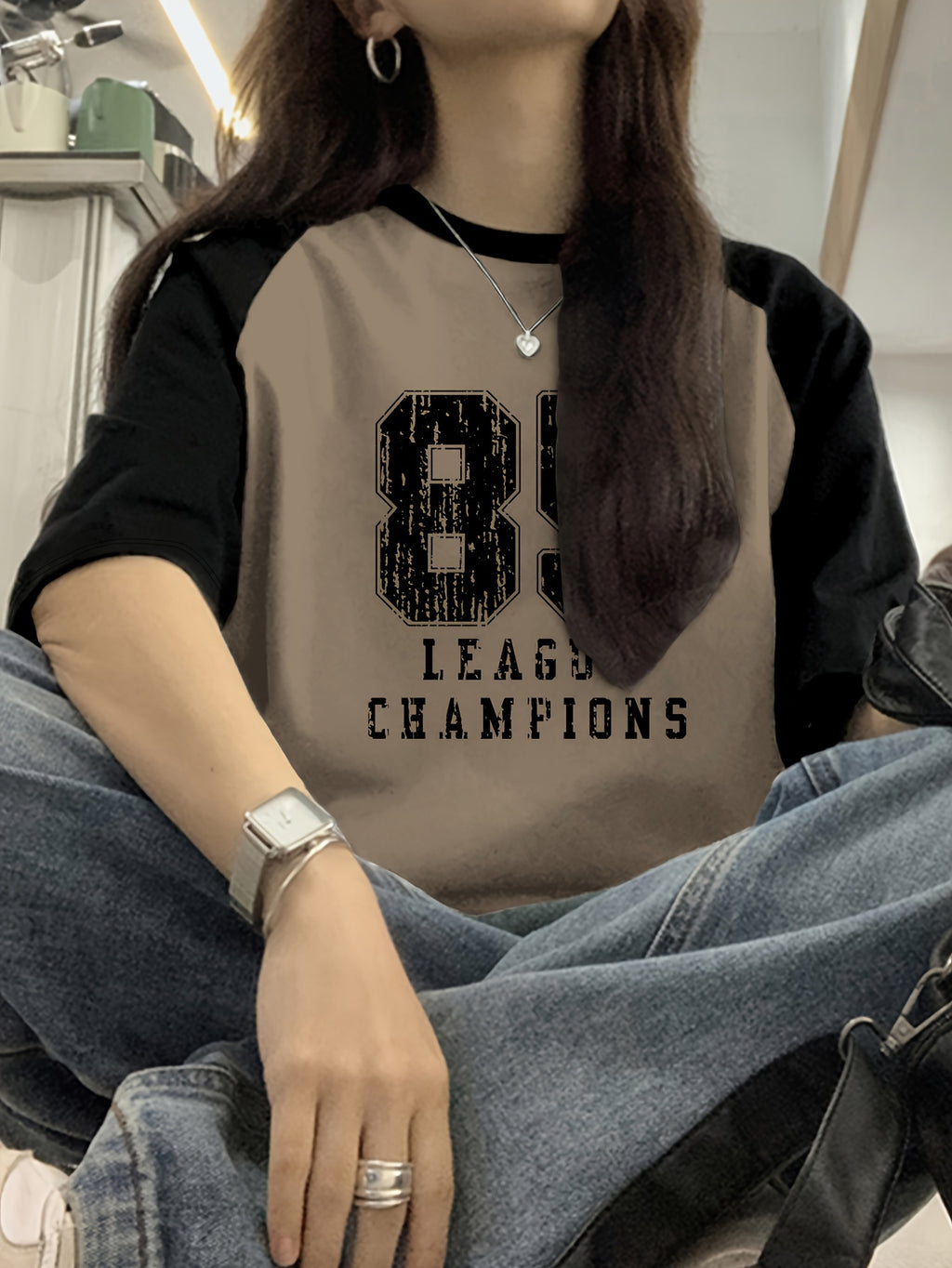 Letter Print Drop Shoulder T-Shirt, Short Sleeve Crew Neck Casual Top for Spring & Summer, Women'S Clothing - Black