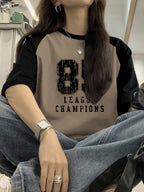 Letter Print Drop Shoulder T-Shirt, Short Sleeve Crew Neck Casual Top for Spring & Summer, Women'S Clothing - Black