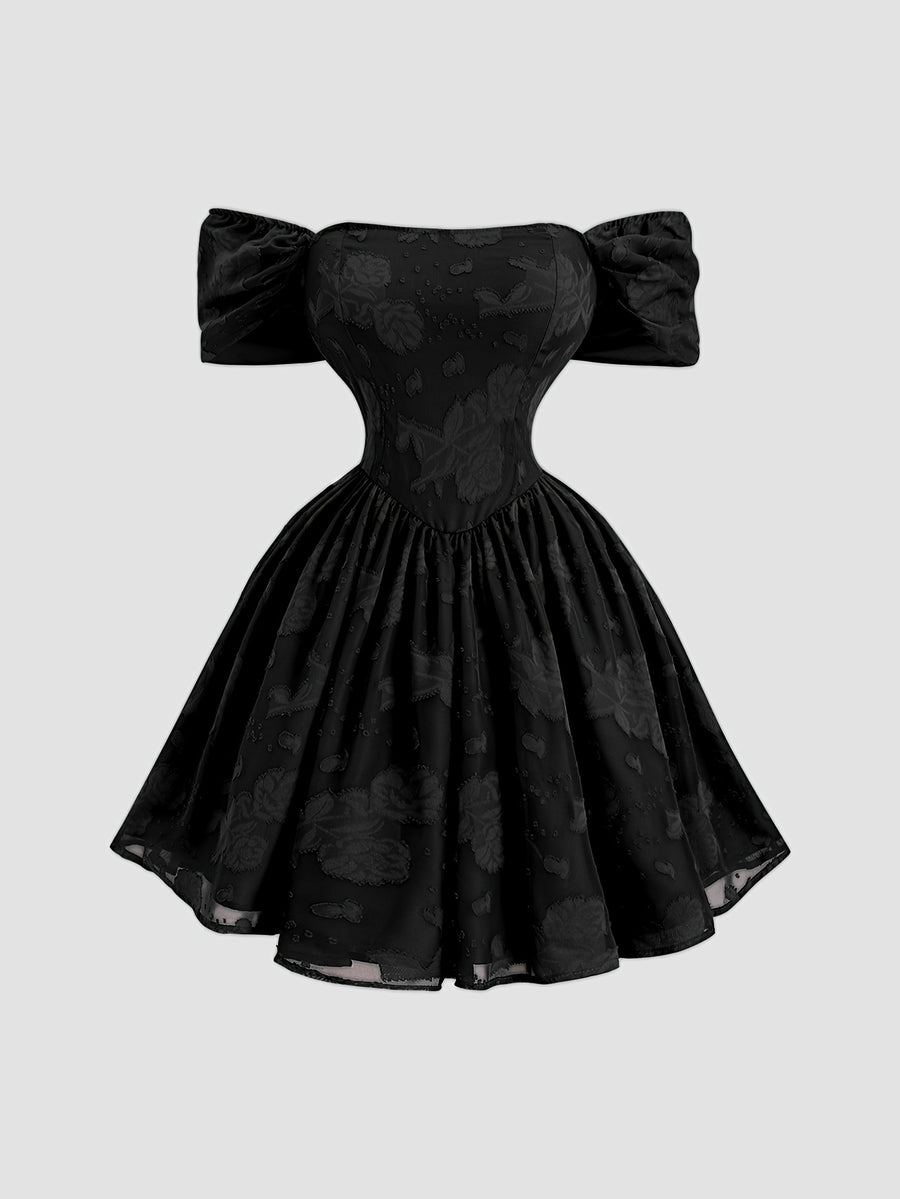 Off-shoulder Printed Flared Dress, Floral Off-shoulder Short Dress, Off-shoulder Slim-fit Printed Dress, Evening Wear, Bridesmaid Dress, Holiday Party, Fashionable and Elegant, Dignified and Graceful - Black