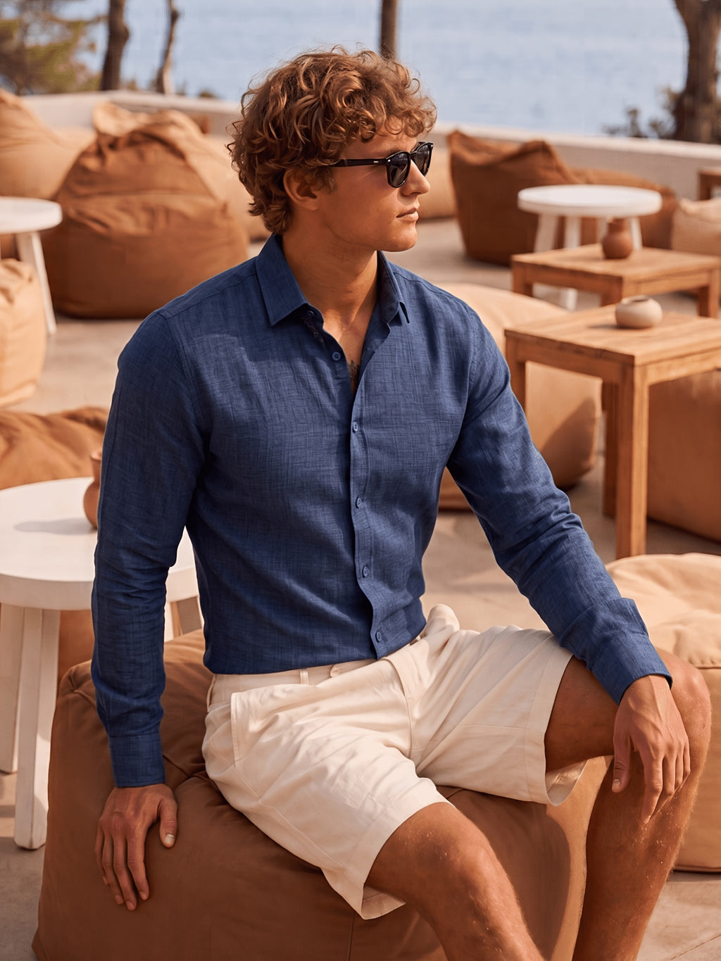 Men'S Anti-Moth Long-Sleeved Square-Neck Shirt, Lightweight And Breathable Solid Color Business-Casual Shirt, Loose-Fitting All-Match Basic Shirt for Spring And Summer Commuting And Vacation. Available in Multiple Colors - Navy Color