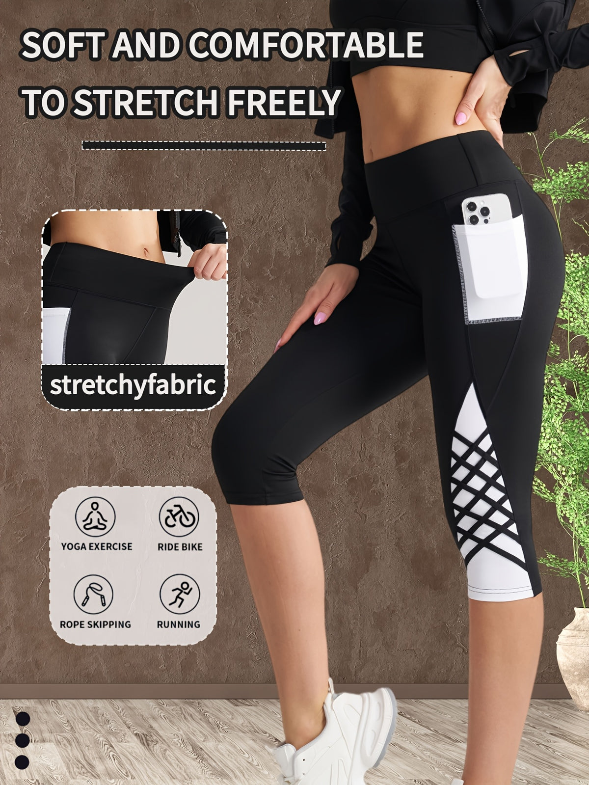 1pc High-Elasticity Wide Waist Shaping Shorts with -Back Straps & Pockets - High-Waisted Body Toning Gym Shorts Suitable for Home Wear, Machine Washable Shorts for Spring Summer Fall - Black And White