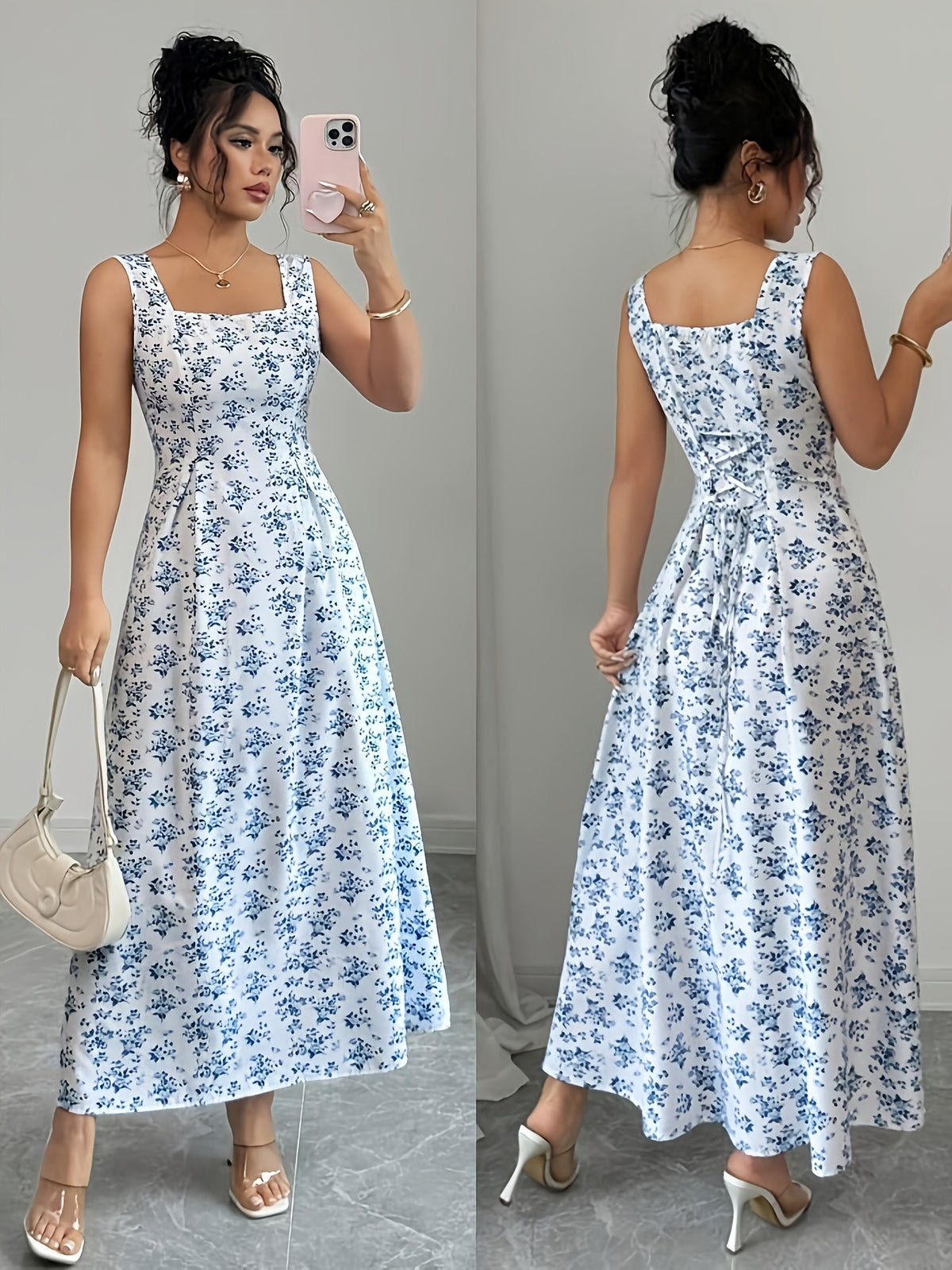 Elegant Square Neck Floral Dress | Sleeveless, Flared Hem, Tie Back Detail, Long Length, Fit And Flare Silhouette, Perfect For Spring/Summer/Fall - Multicolor