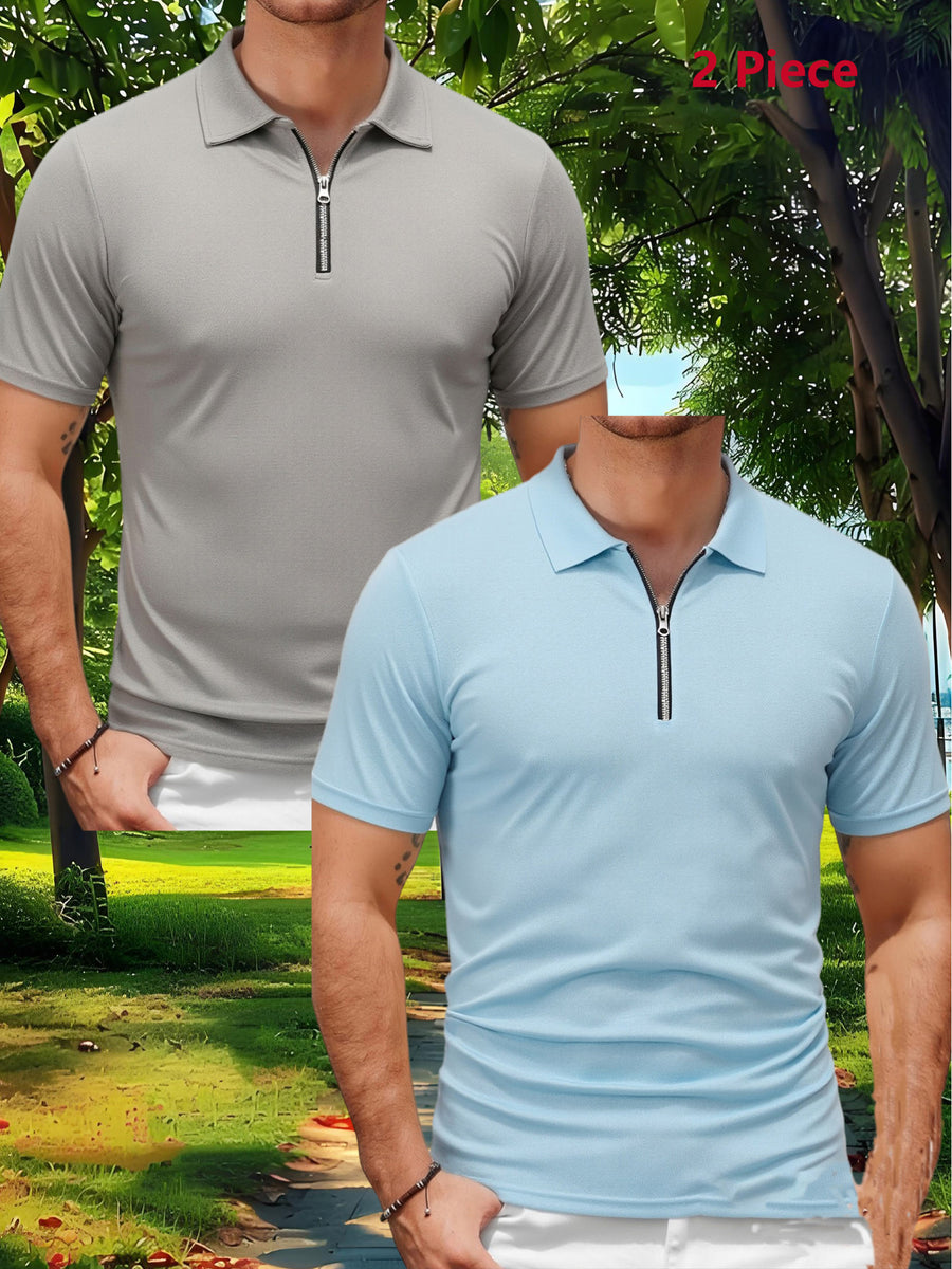 2pcs Men'S Sports Outdoor Casual Lapel Solid Color Breathable Zipper POLO Shirt - Light Grey+Light Blue