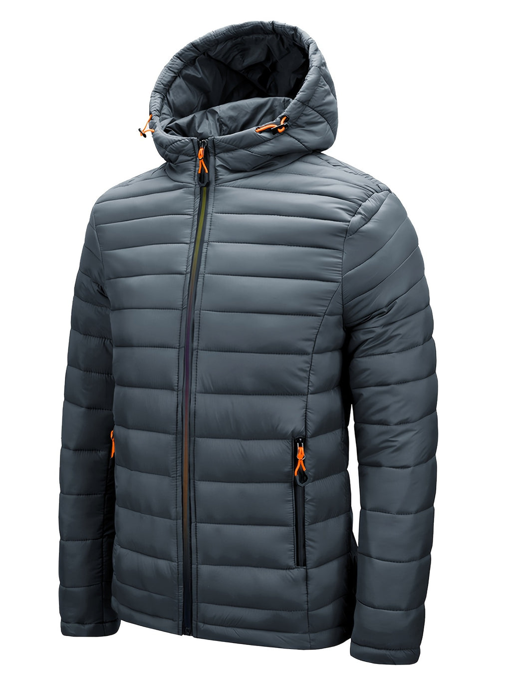 Men's Winter Padded Coat, Hooded Padded Top, Warm Quilted Jacket with Colorful Zipper Pockets - Grey