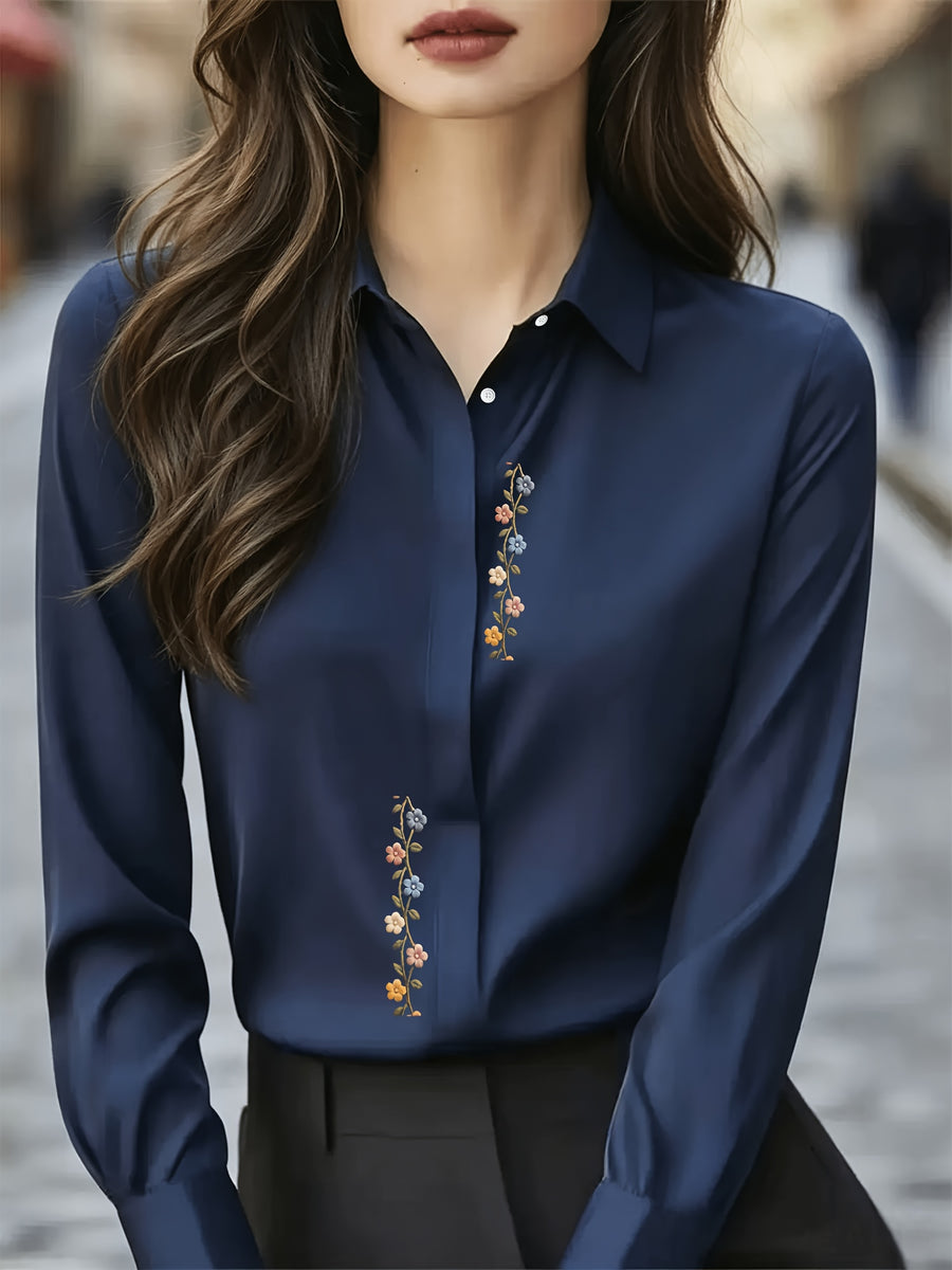 Small Floral Print, Exquisite and Elegant Versatile Top for Daily Office Wear, French-style Gentle and Soft Long-sleeve Women's Blouse for Commuting - Navy Color