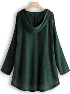 Casual Long-Sleeve Hooded Shirt, Asymmetrical Top, Stylish Plaid Blouse, Autumn Waist-Tied Outerwear for Women, Elegant Long-Sleeve Drawstring Shirt - Dark Green