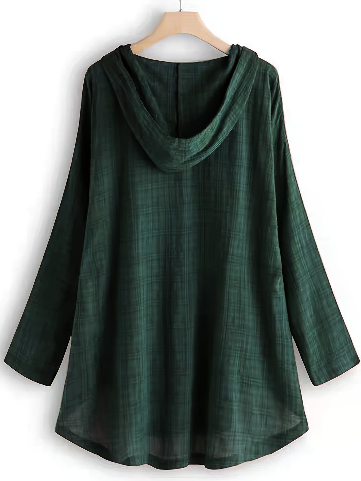 Casual Long-Sleeve Hooded Shirt, Asymmetrical Top, Stylish Plaid Blouse, Autumn Waist-Tied Outerwear for Women, Elegant Long-Sleeve Drawstring Shirt - Dark Green