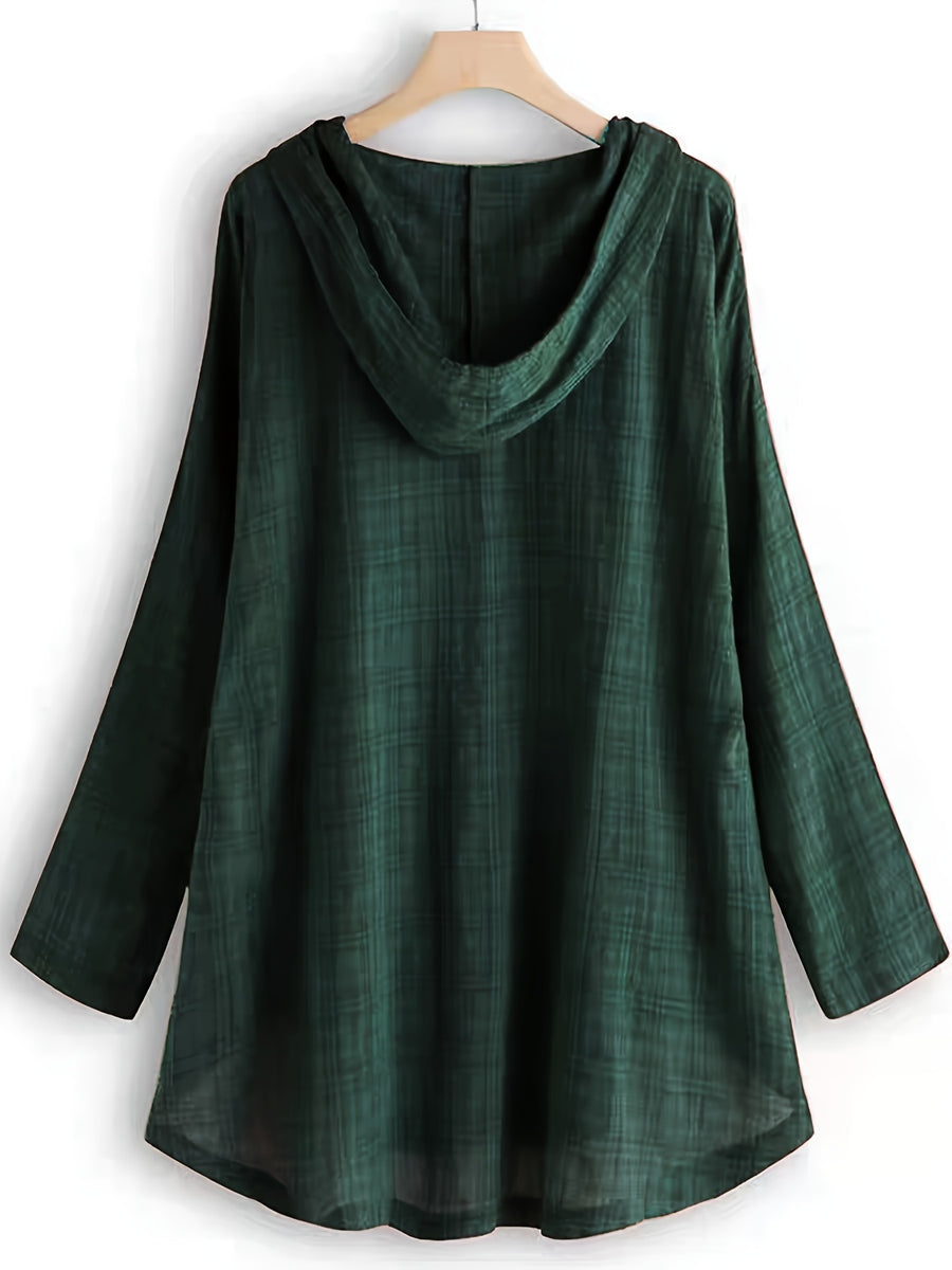 Casual Long-Sleeve Hooded Shirt, Asymmetrical Top, Stylish Plaid Blouse, Autumn Waist-Tied Outerwear for Women, Elegant Long-Sleeve Drawstring Shirt - Dark Green