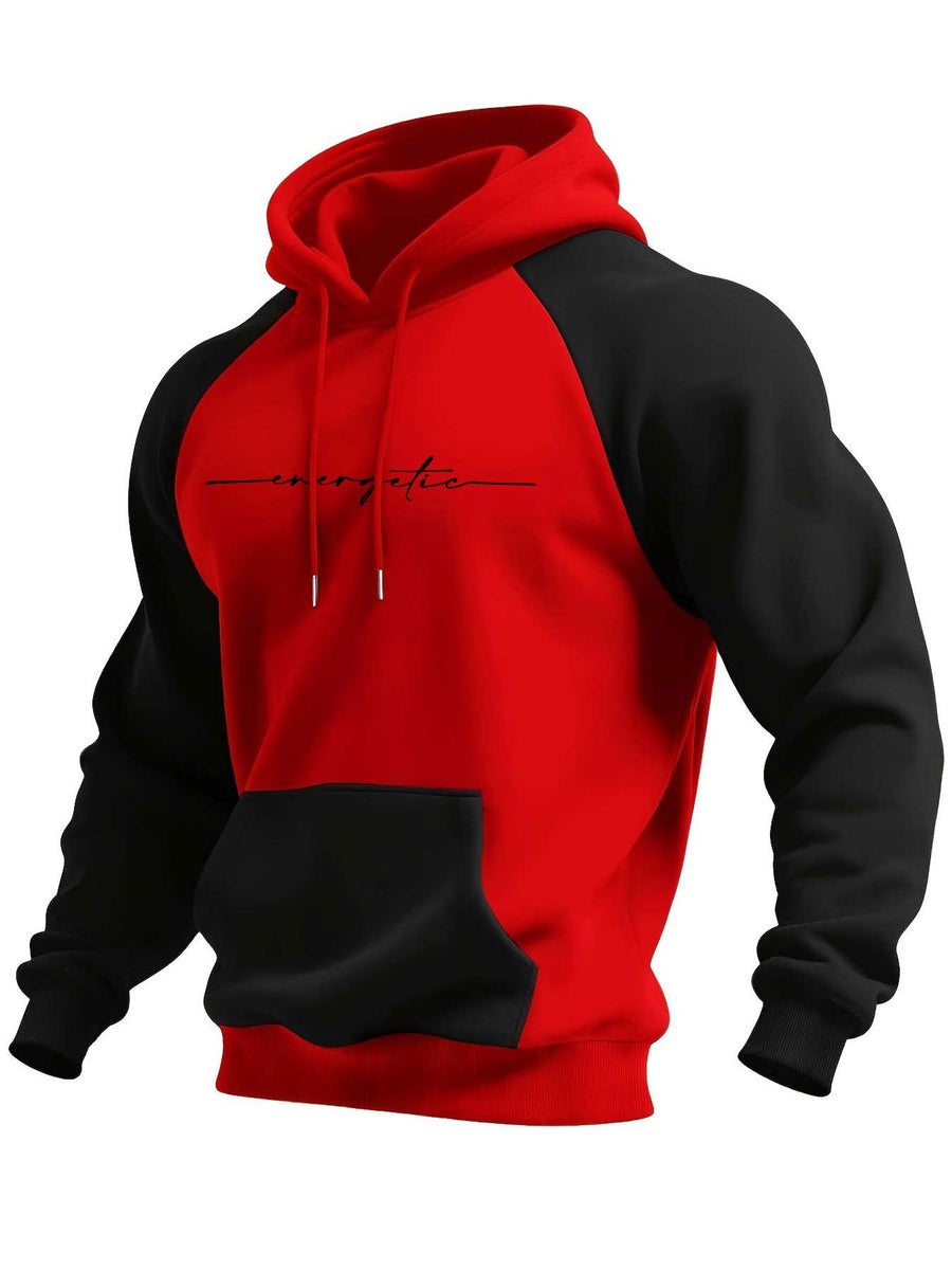 Men's Trendy Patchwork Print Hooded Sweatshirt, Casual Daily Wear Sporty Pullover, Autumn Essentials - Red+Black