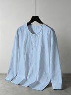 Men's Summer Linen Long Sleeve Shirt, Breathable Round Neck, Loose Fit. Suitable for Daily Casual, Beach Vacation or Yoga Sports, Also a Great Valentine's Day Gift for Him. - Sky Blue