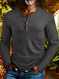 Men's Fashion Top, Autumn/Winter Casual Textured Ribbed Fabric Crew Neck Single-Breasted Long Sleeve Men's Henley Shirt - Dark Gray