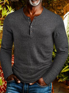 Men's Fashion Top, Autumn/Winter Casual Textured Ribbed Fabric Crew Neck Single-Breasted Long Sleeve Men's Henley Shirt - Dark Gray