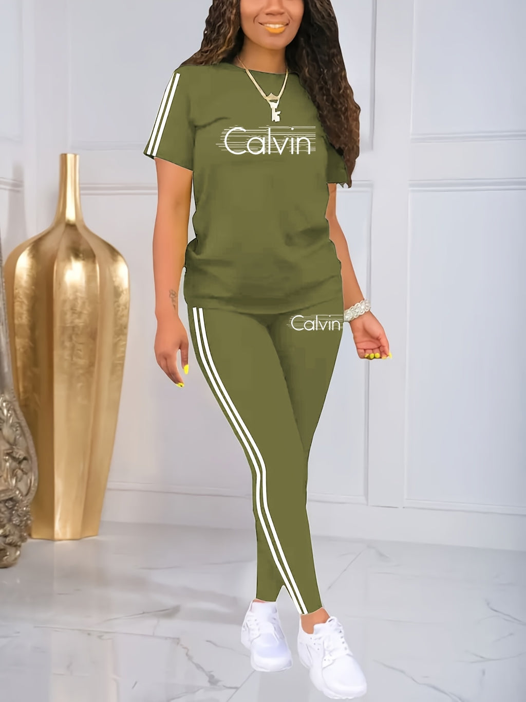 Women'S Casual Two-Piece Set with Round Neck And Short Sleeves Featuring Printed Letters - Army Green