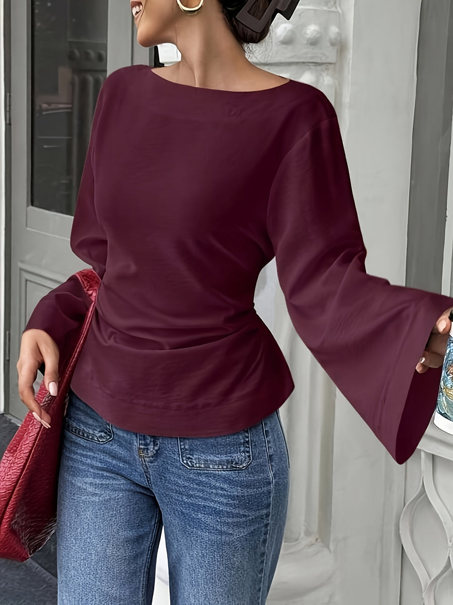 Women'S Solid Back Tie Flared Sleeve Blouse - Reddish Purple
