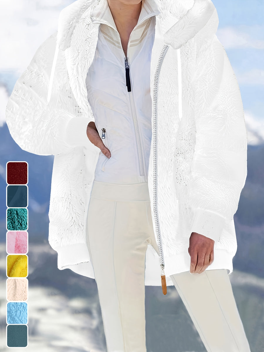 Ladies Autumn Winter Relaxed Cut Plush Hooded Outercoat, Contrast Color Trim Zip Front Warm Lined Jacket, Ribbed Cuff Windproof Casual Outerwear for Daily Commuting and Cold Season Everyday Styling - White