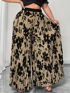 Plus Size - Elegant Floral Print Wide Leg Pants for Women | Non-Stretch Fabric, Pleated Detail, Loose Fit, Suitable for Spring/Fall Season - Multicolor