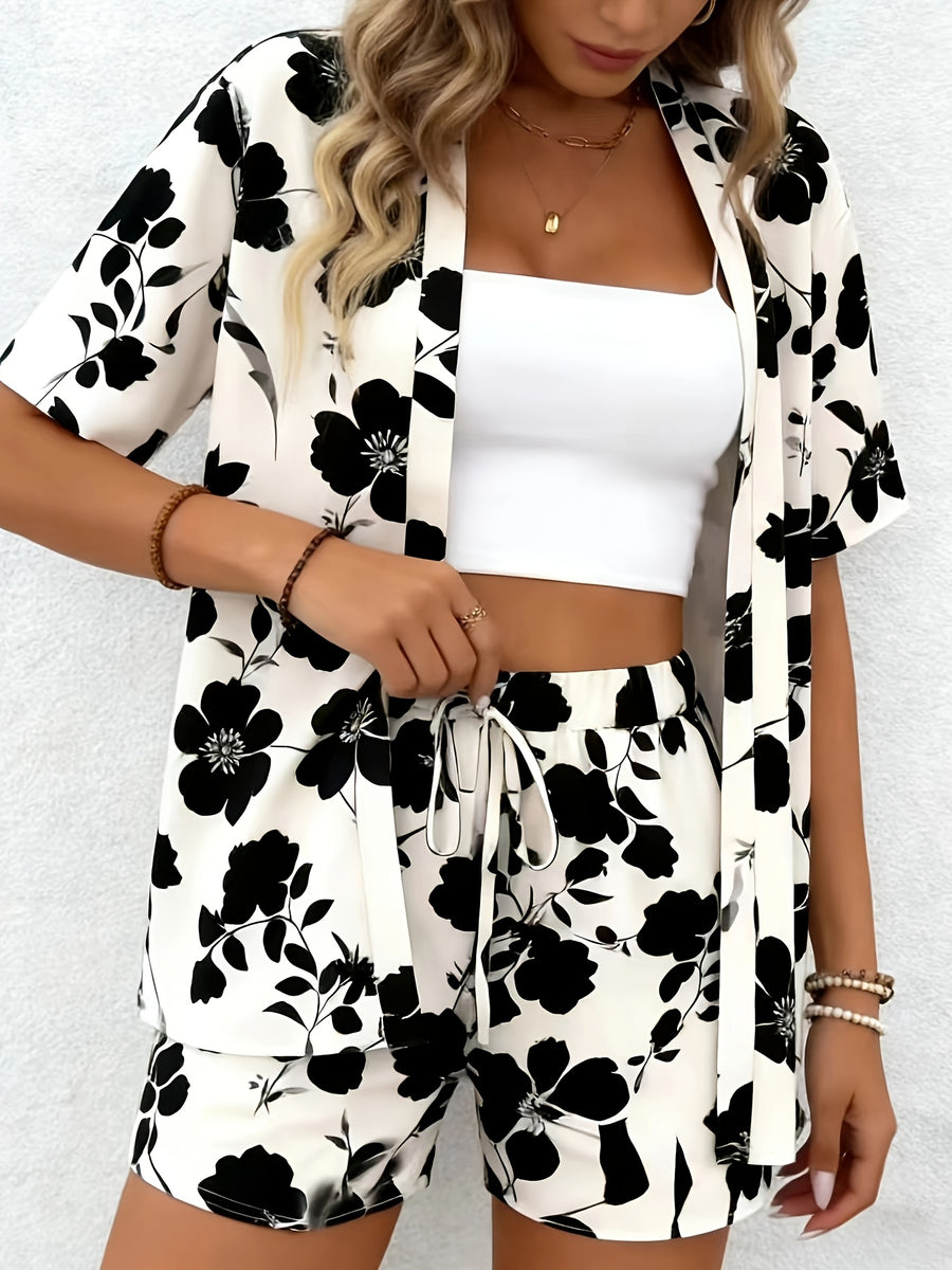 Vacation-style Geometric Print Short Set, Featuring a Front-open Short-sleeve Tunic and a Drawstring Loose-fit Shorts, Suitable for Spring and Summer, Women's Clothing - Black