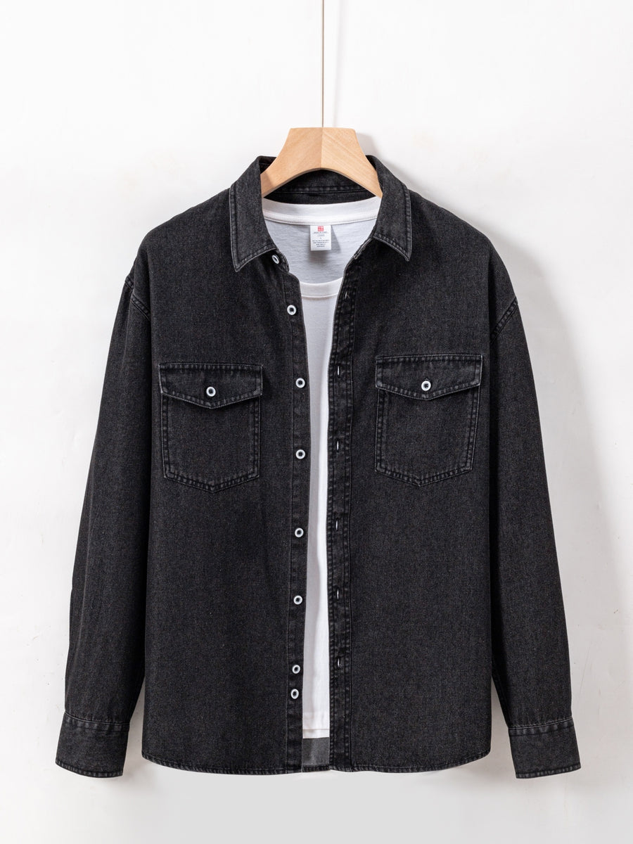 Men'S Casual Shirt American Retro Denim Shirt Fashion Trendy Double-Pocket Utility Shirt Button-Up Long Sleeve T-Shirt Spring Autumn Thin Outerwear - Black