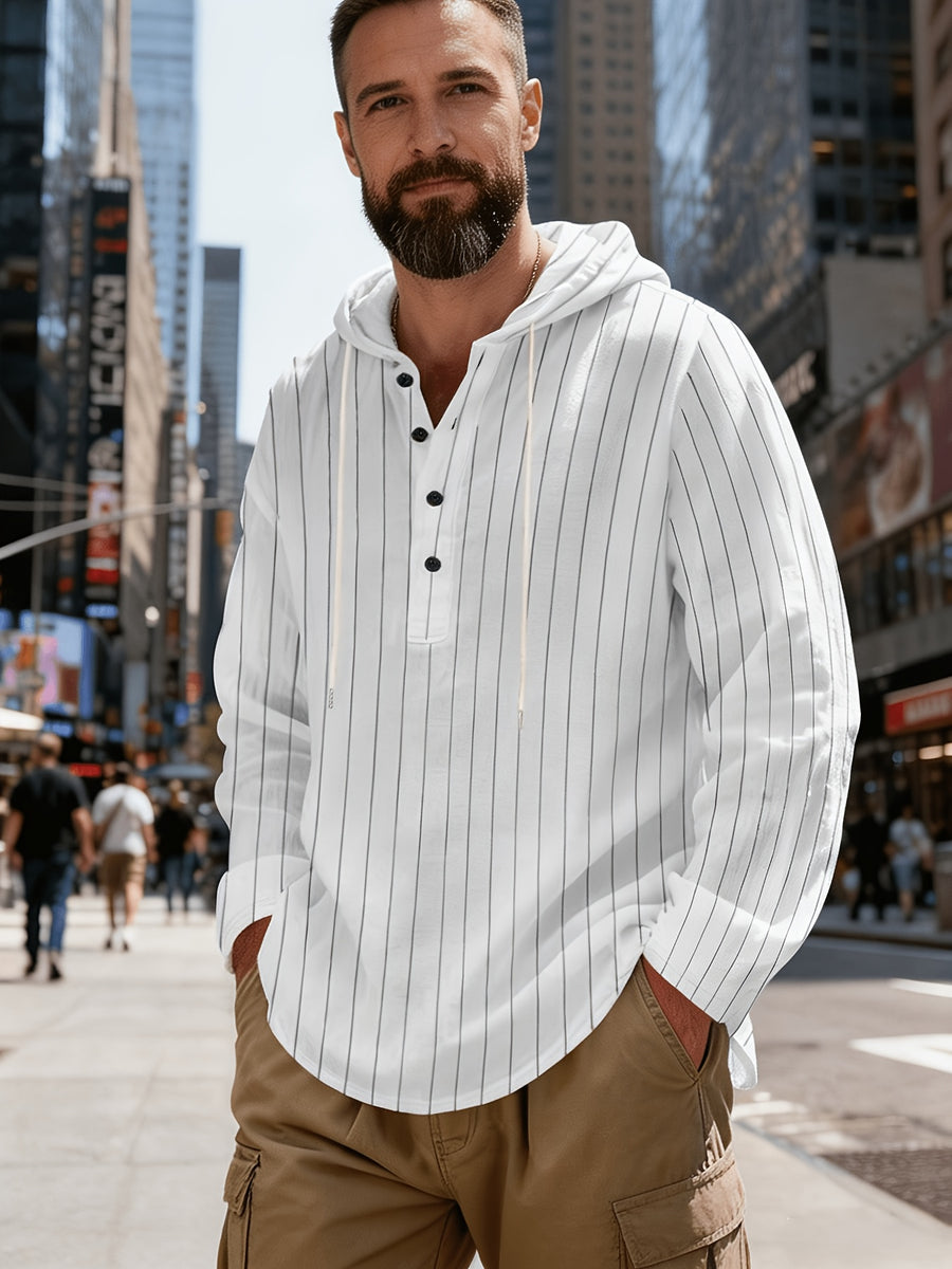 New Men'S All-Season Linen Shirt, Linen Striped Casual Long-Sleeve Hooded Top, Breathable And Comfortable, High Street Style - White