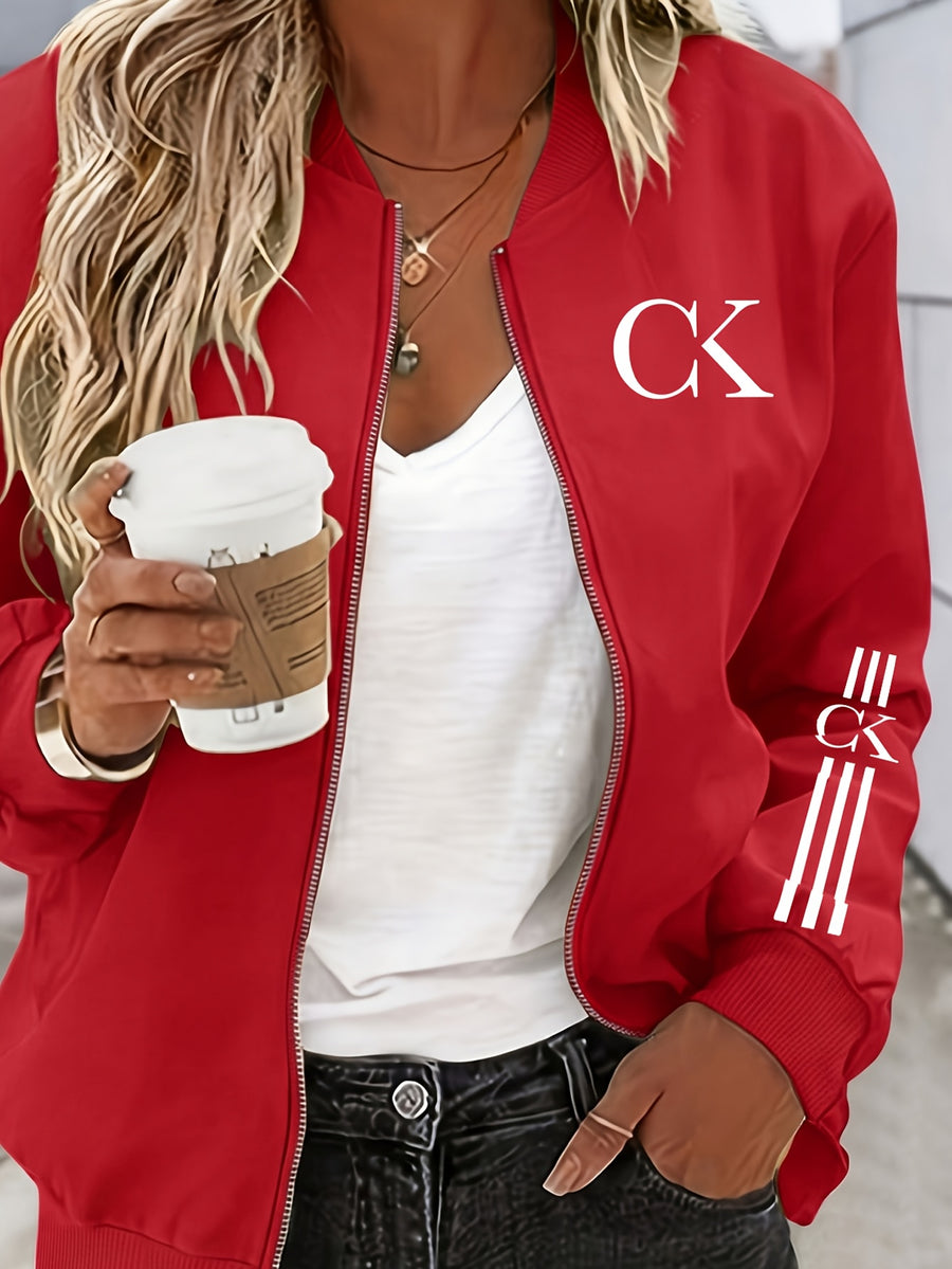 2026 Fashionable Individual Round Neck Design Women'S New Jacket Coat Carnival Letter Pattern Printed Top Casual Open Front Zippered Jacket, Circle - Red